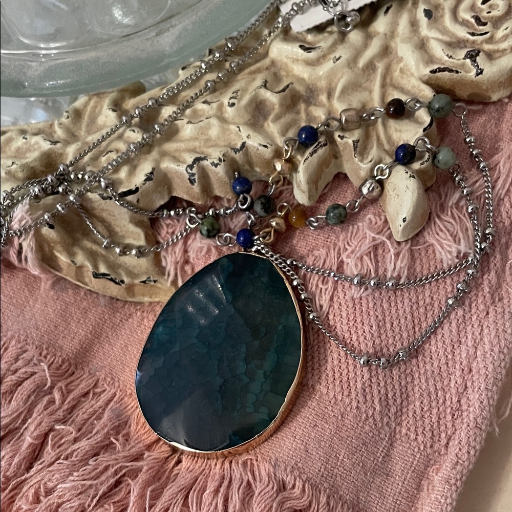 J. Jill beautiful 19” Blue Tourmaline Pendant Necklace with beaded chain detail.